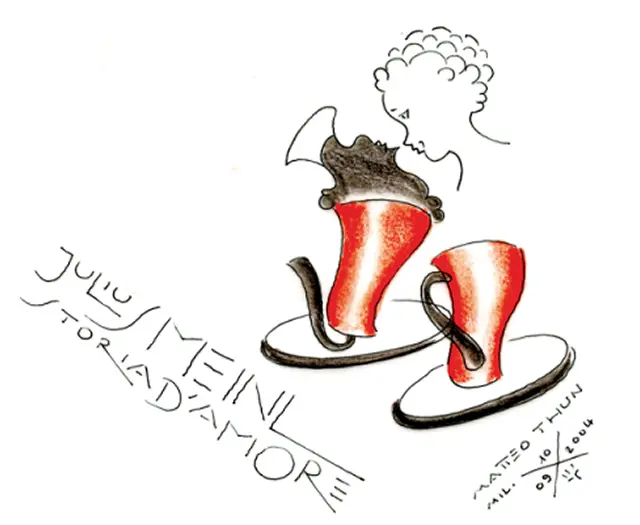 Māksliniecisks zīmējums ar divām sarkanām Julius Meinl kafijas tasītēm un cilvēka profilu, ar tekstu 'Julius Meinl Story of Amore